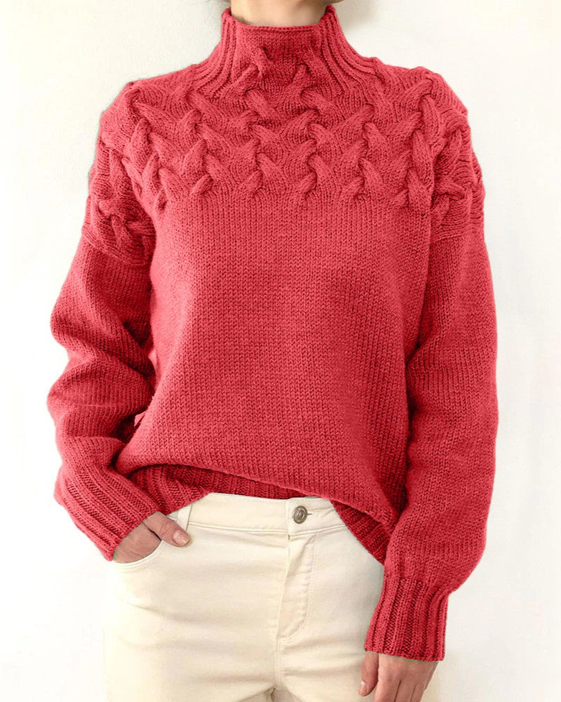 Leaf Cable Knit Mock Neck Sweater - Watermelon