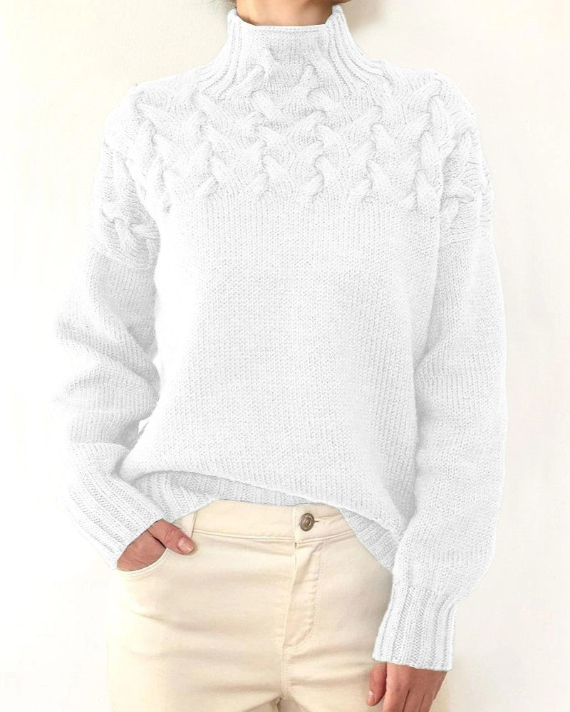 Leaf Cable Knit Mock Neck Sweater - White