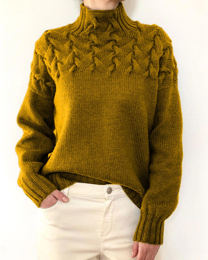 Leaf Cable Knit Mock Neck Sweater - Yellow