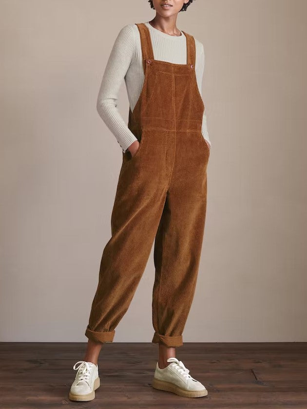 Tapered Wide Wale Corduroy Overalls - Coffee