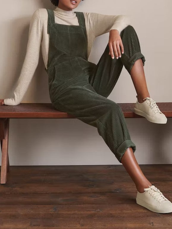 Tapered Wide Wale Corduroy Overalls - Olive - 1