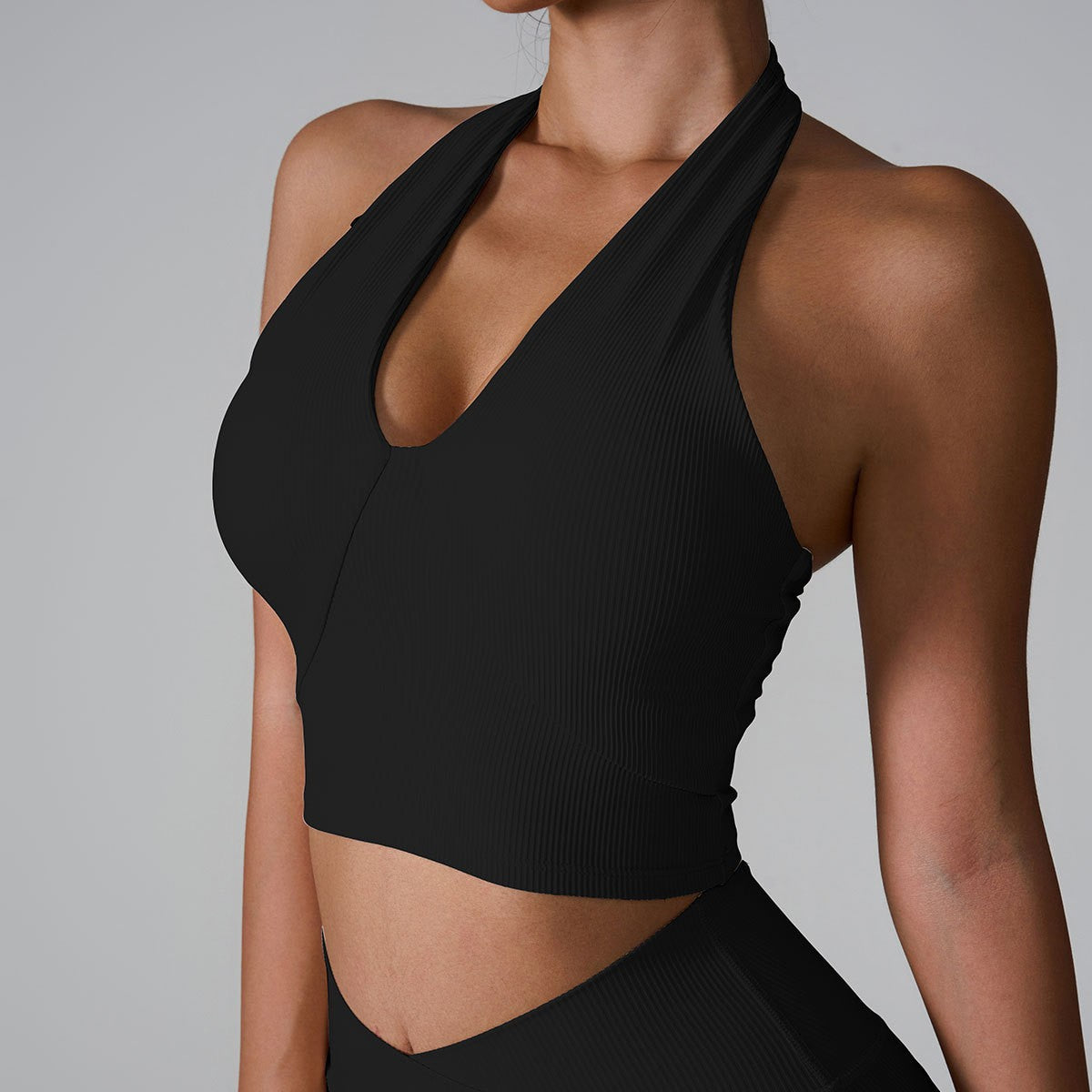 Ribbed Halter V-Neck Padded Workout Sports Bra - Black
