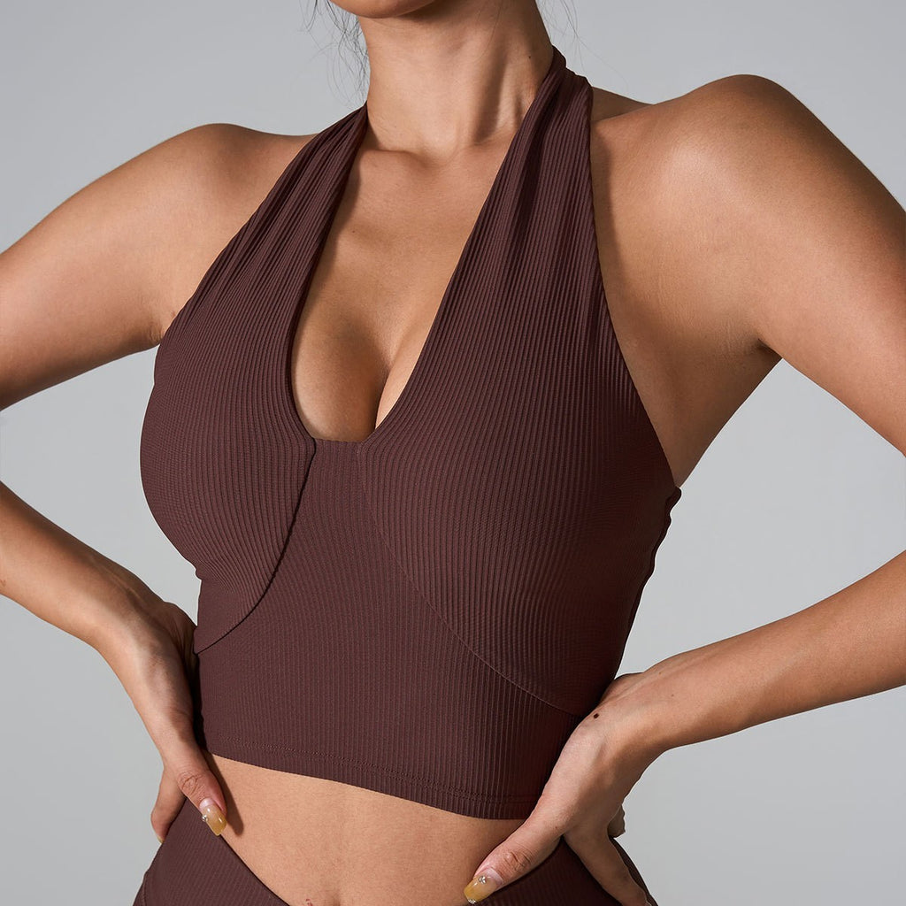 Ribbed Halter V-Neck Padded Workout Sports Bra - Brown