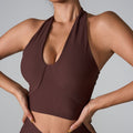 Ribbed Halter V-Neck Padded Workout Sports Bra - Brown