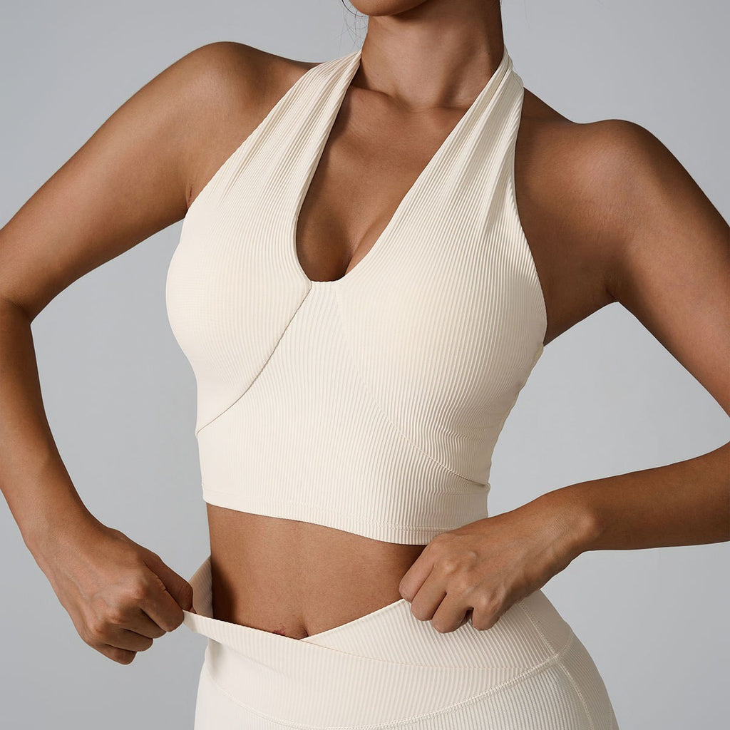 Ribbed Halter V-Neck Padded Workout Sports Bra - Cream