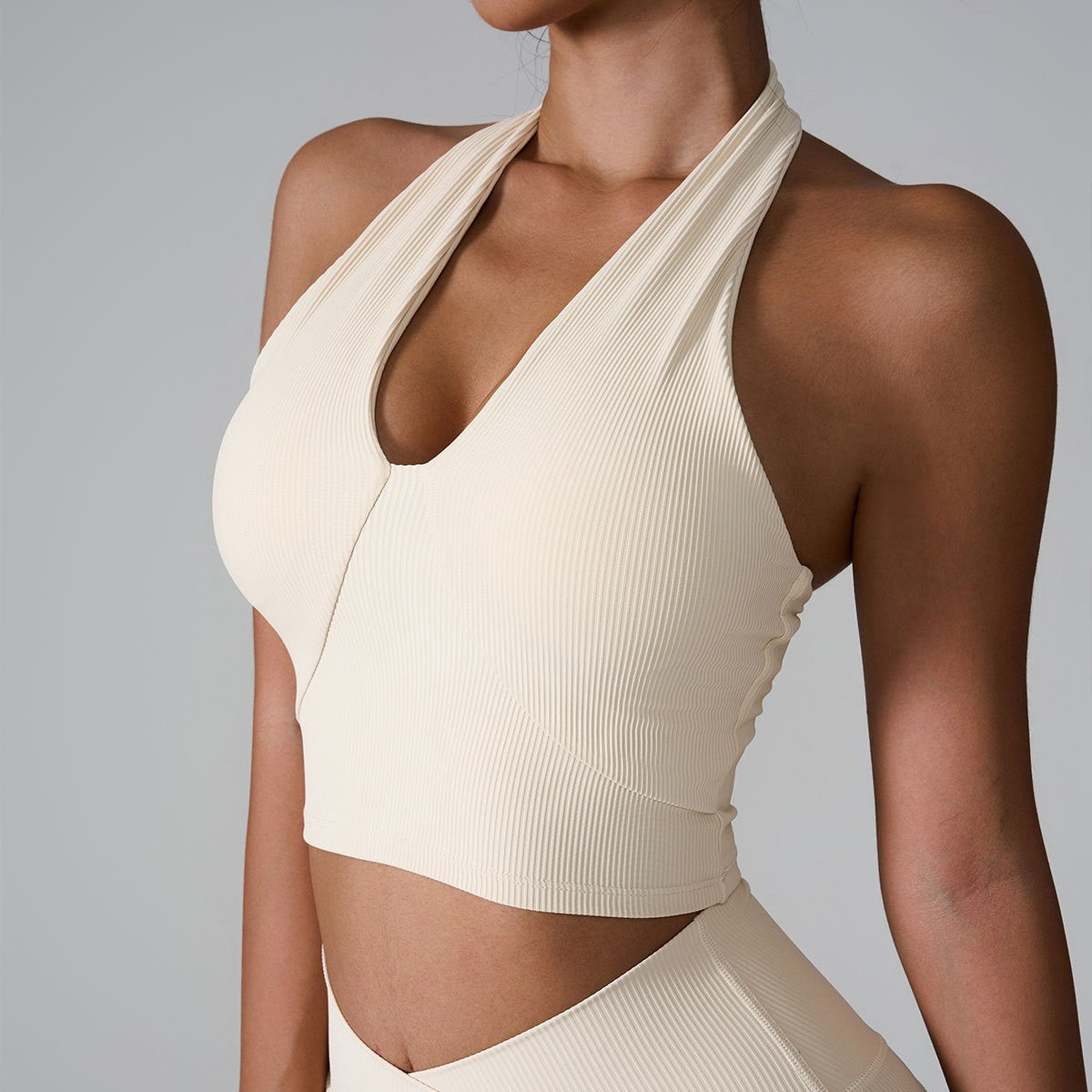 Ribbed Halter V-Neck Padded Workout Sports Bra
