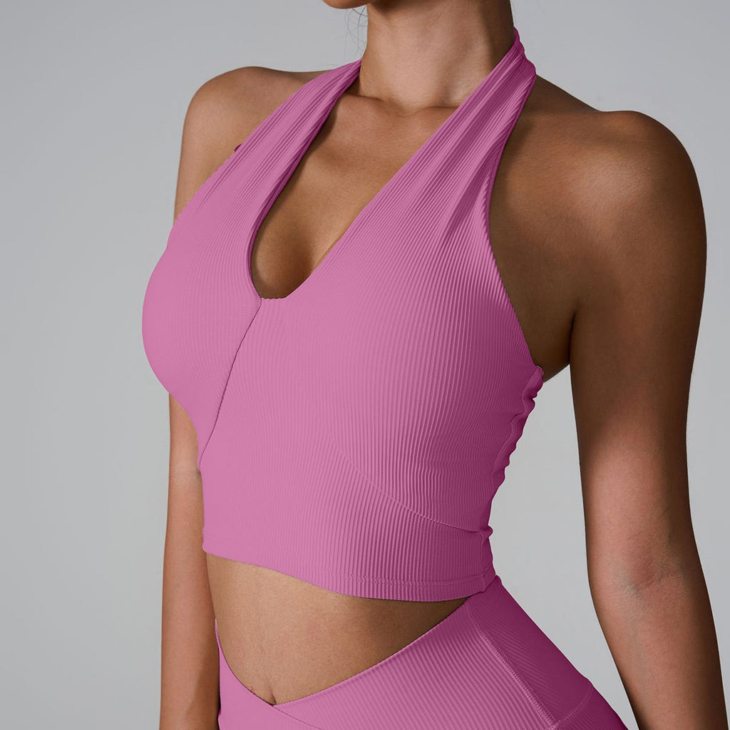 Ribbed Halter V-Neck Padded Workout Sports Bra