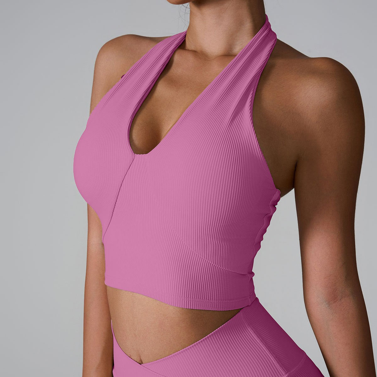 Ribbed Halter V-Neck Padded Workout Sports Bra