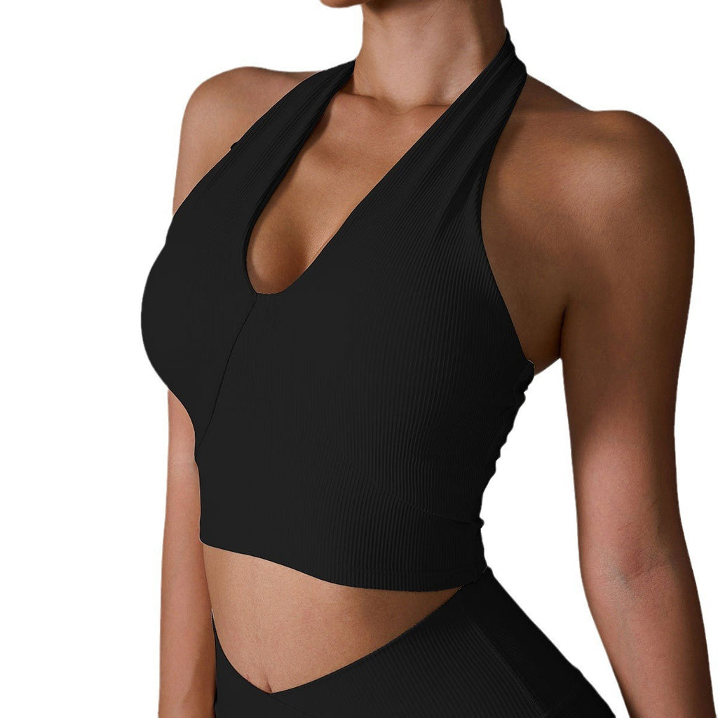 Ribbed Halter V-Neck Padded Workout Sports Bra