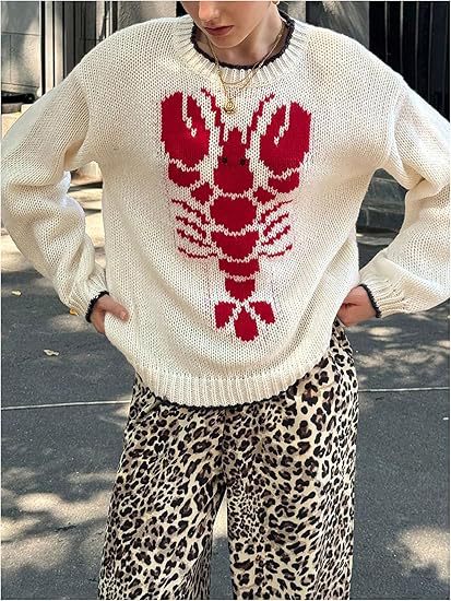 Lobster Intarsia Knit Crewneck Sweater - White