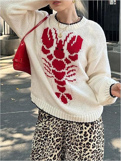 Lobster Intarsia Knit Crewneck Sweater - White - 1