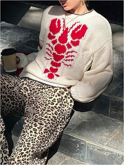 Lobster Intarsia Knit Crewneck Sweater - White - 3