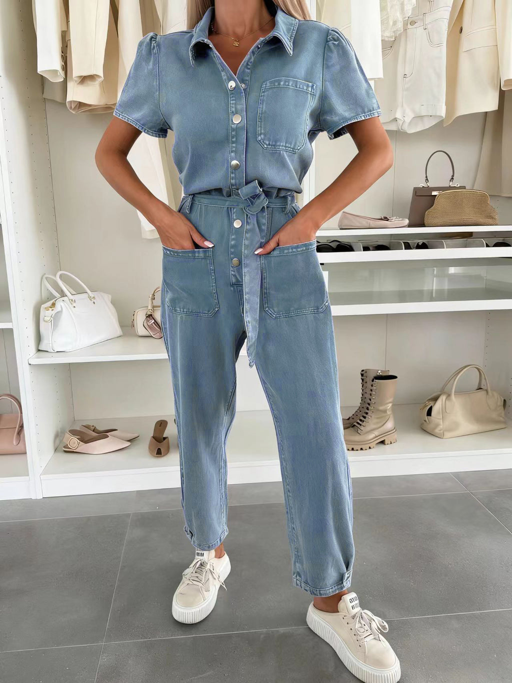 Short Sleeve Belted Utility Jumpsuit With Pockets - Blue