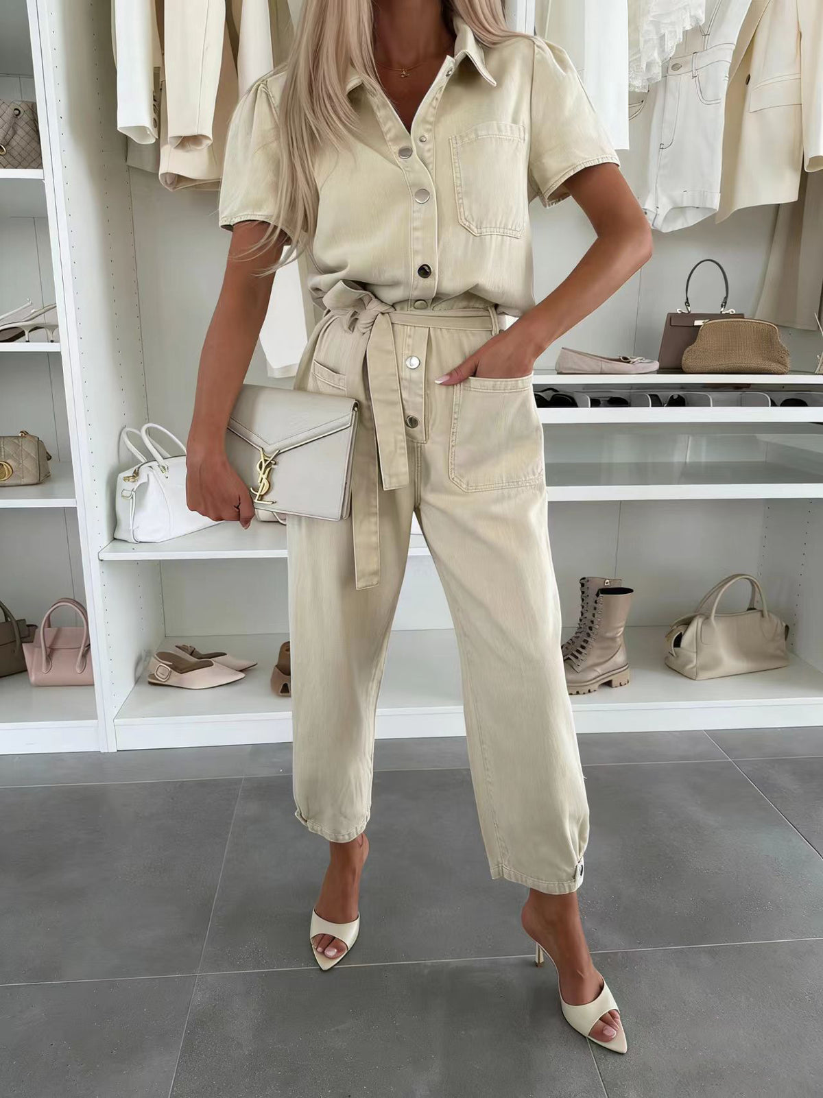 Short Sleeve Belted Utility Jumpsuit With Pockets - OffWhite