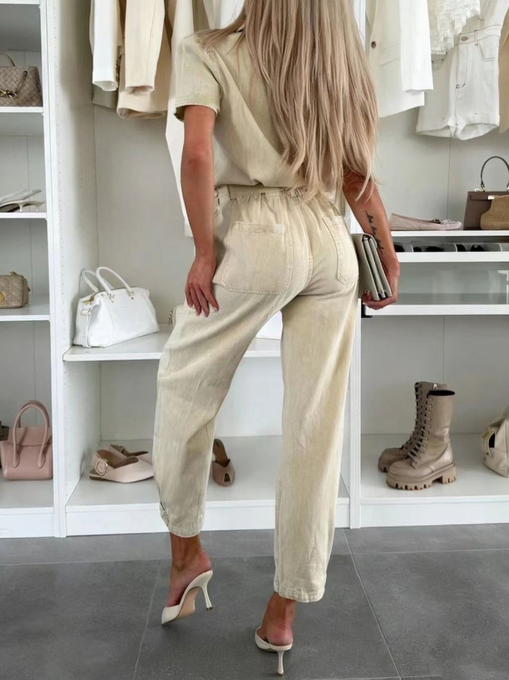 Short Sleeve Belted Utility Jumpsuit With Pockets