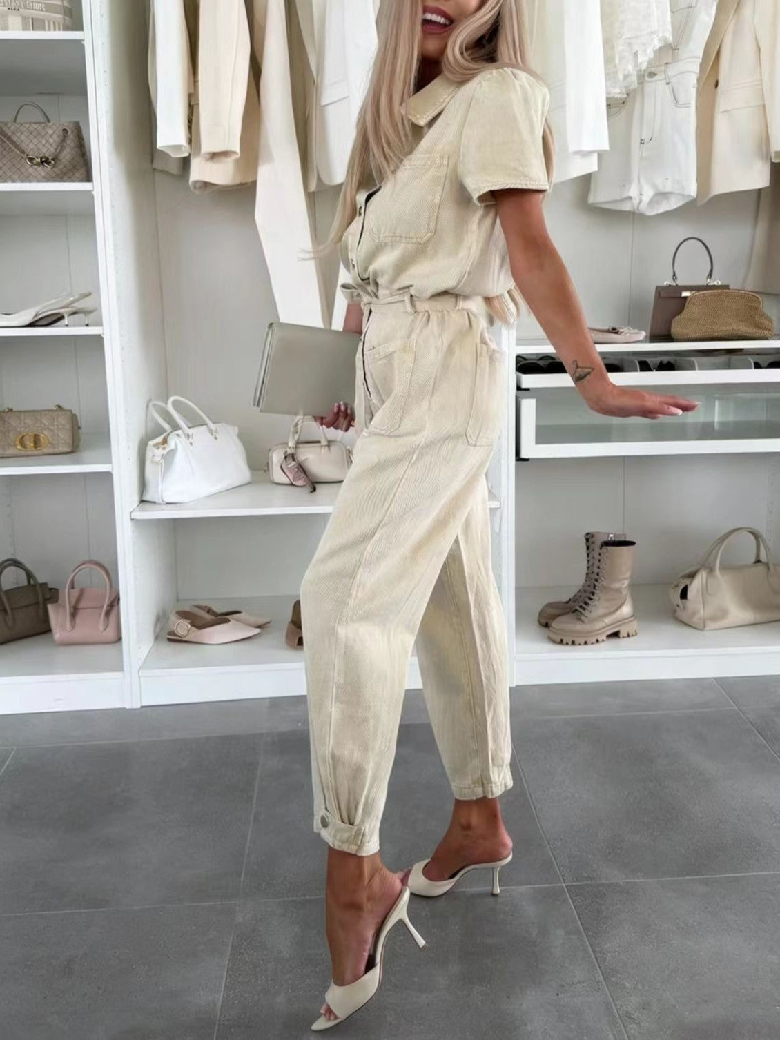 Short Sleeve Belted Utility Jumpsuit With Pockets - view 1