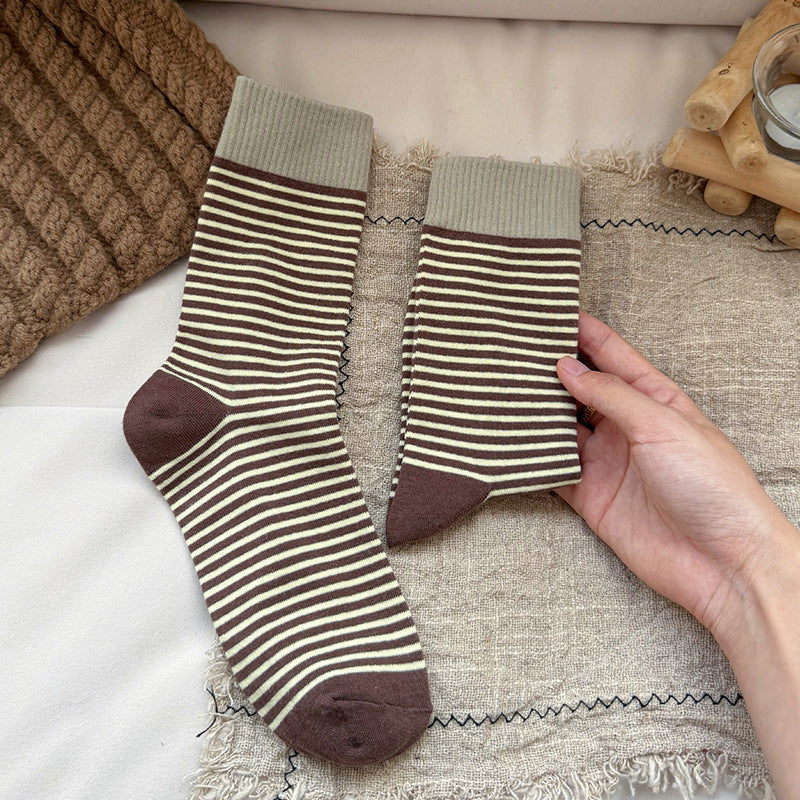 Fine Stripe Contrast Cuff Cotton Socks - Coffee