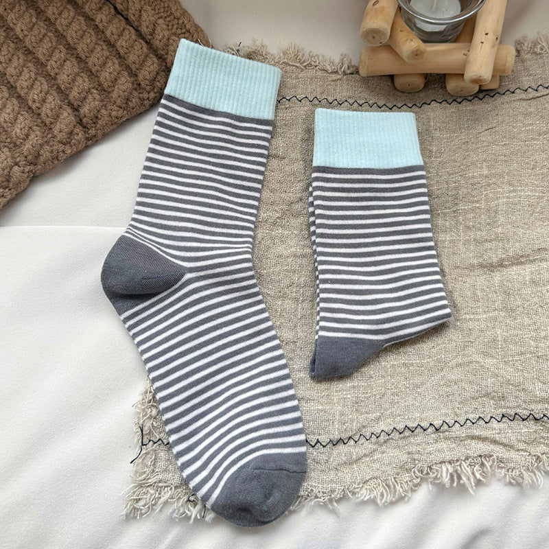 Fine Stripe Contrast Cuff Cotton Socks - Dark-Gray