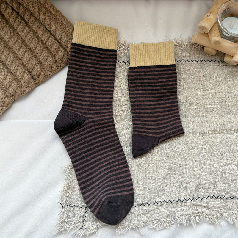 Fine Stripe Contrast Cuff Cotton Socks - DeepPurple