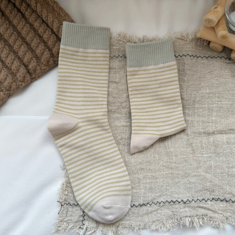 Fine Stripe Contrast Cuff Cotton Socks - Khaki