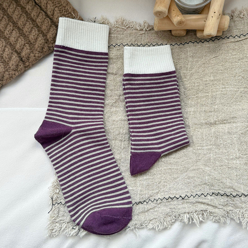 Fine Stripe Contrast Cuff Cotton Socks - Purple