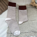Fine Stripe Contrast Cuff Cotton Socks - White