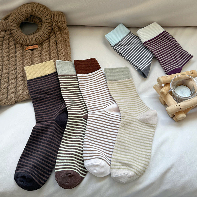 Fine Stripe Contrast Cuff Cotton Socks
