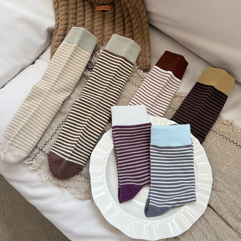 Fine Stripe Contrast Cuff Cotton Socks - view 1