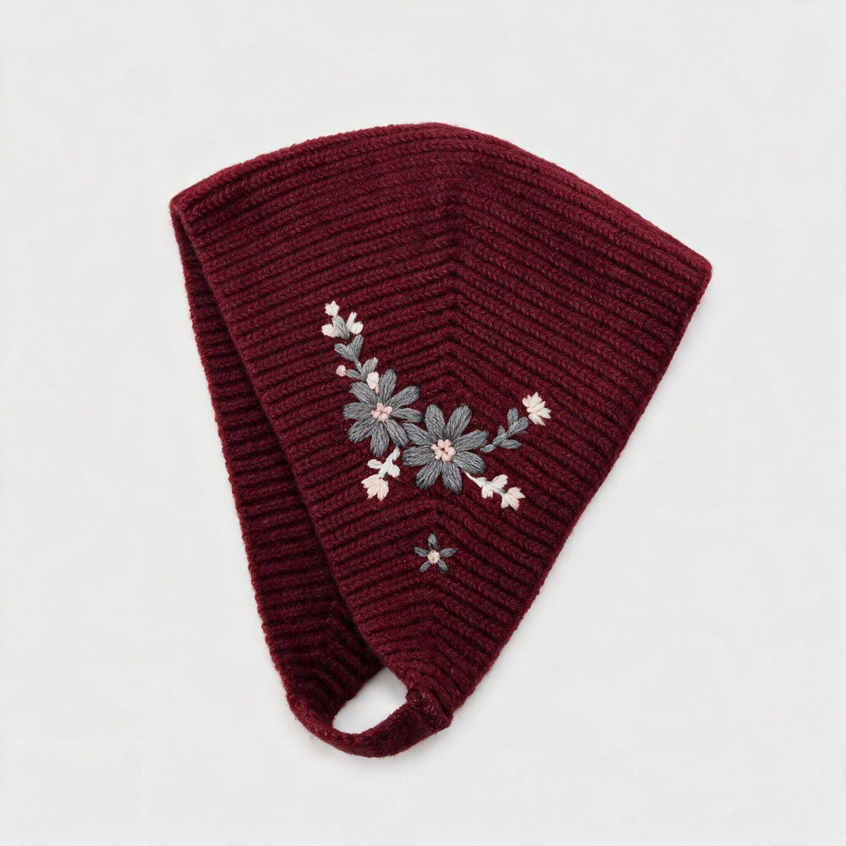 Wool Ribbed Knit Embroidered Flower Kerchief Hat - Wine_Red