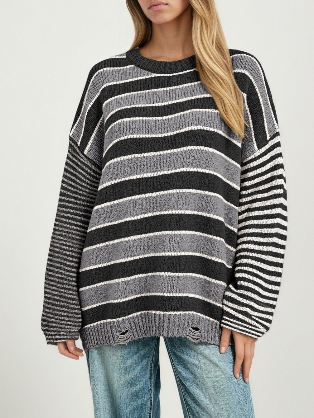 Drop Shoulder Striped Sweater With Raw Edge Hem - Black