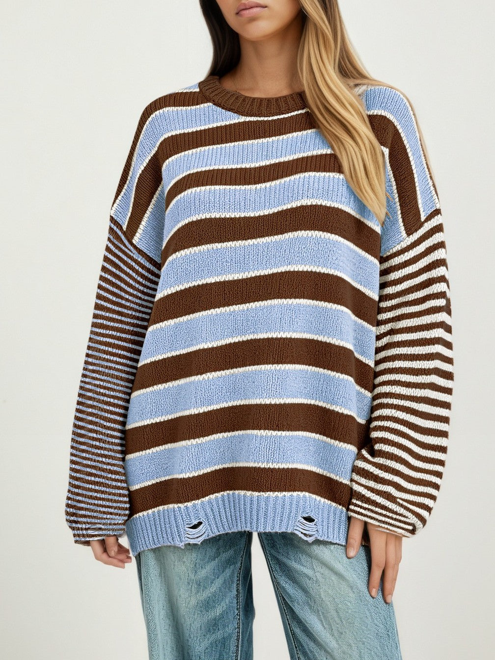 Drop Shoulder Striped Sweater With Raw Edge Hem - Coffee