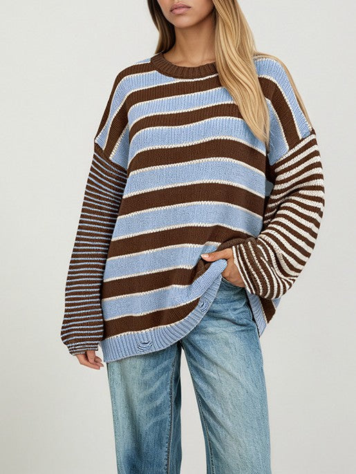 Drop Shoulder Striped Sweater With Raw Edge Hem - Coffee - 1