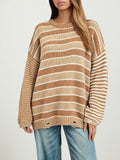 Drop Shoulder Striped Sweater With Raw Edge Hem - Khaki