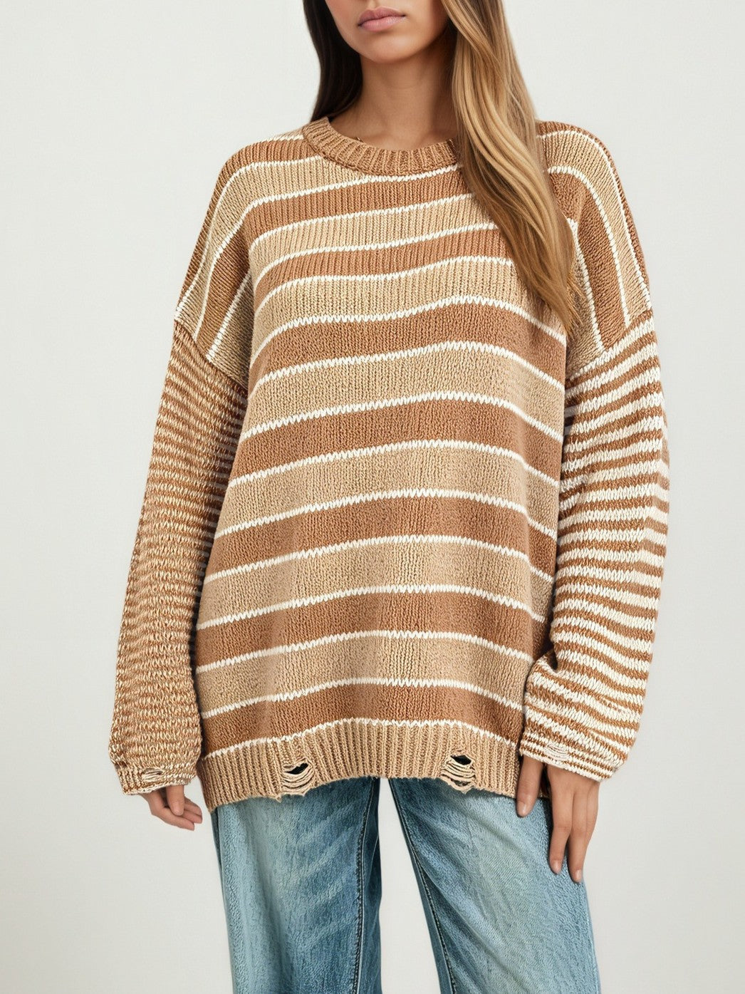 Drop Shoulder Striped Sweater With Raw Edge Hem - Khaki