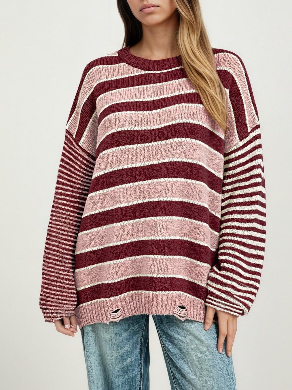 Drop Shoulder Striped Sweater With Raw Edge Hem - Red