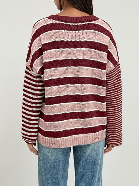 Drop Shoulder Striped Sweater With Raw Edge Hem - Red - 1