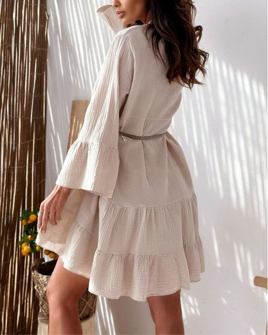Crinkle Cotton Bell Sleeve Tiered Dress - Beige - 2