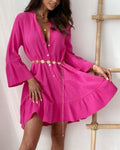 Crinkle Cotton Bell Sleeve Tiered Dress - Rose Red