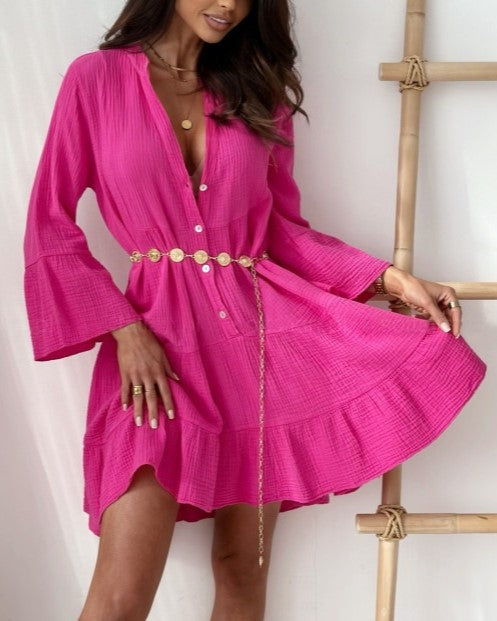 Crinkle Cotton Bell Sleeve Tiered Dress - Rose Red