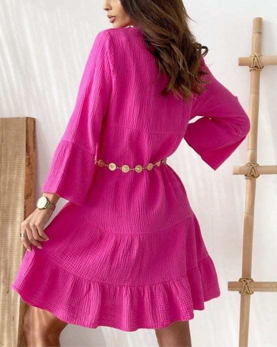 Crinkle Cotton Bell Sleeve Tiered Dress - Rose Red - 2