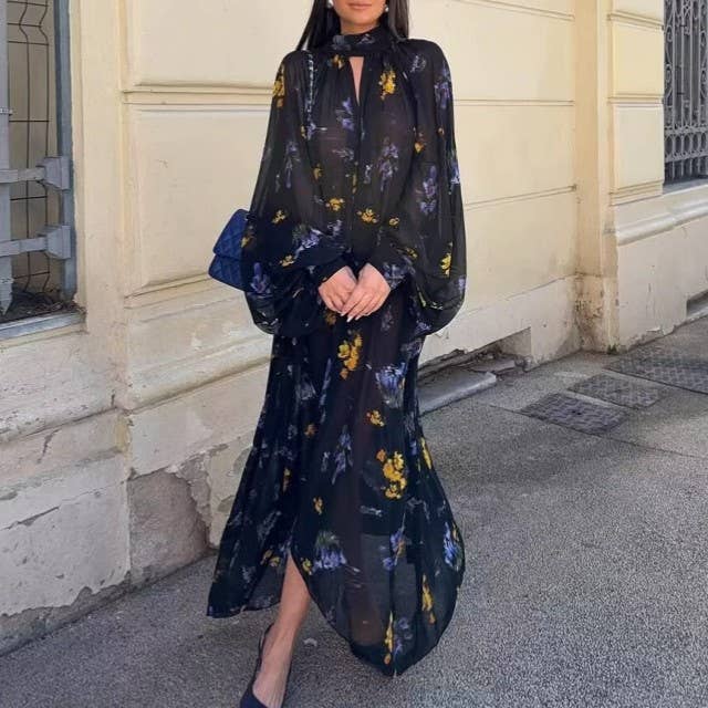 Floral Chiffon Tie Neck Maxi Dress
