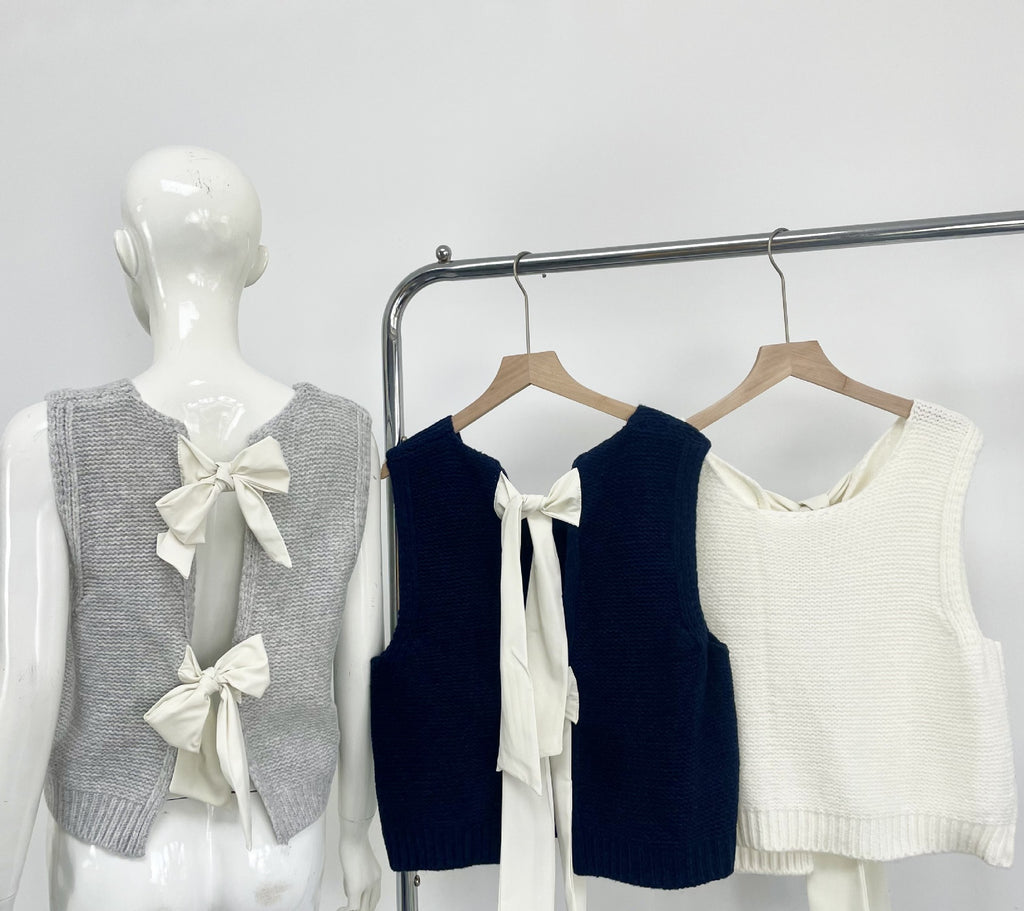 Satin Bow Open Back Sweater Vest