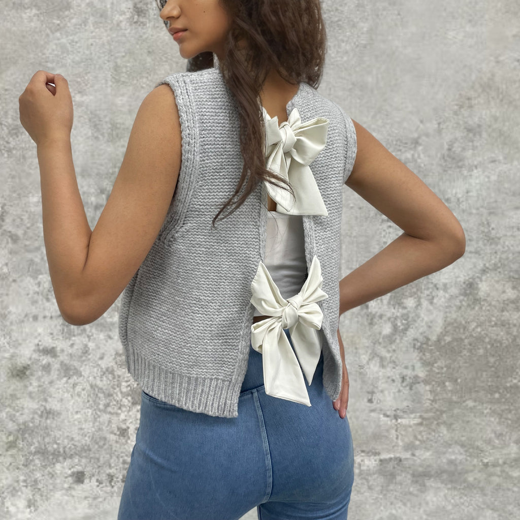 Satin Bow Open Back Sweater Vest - grey