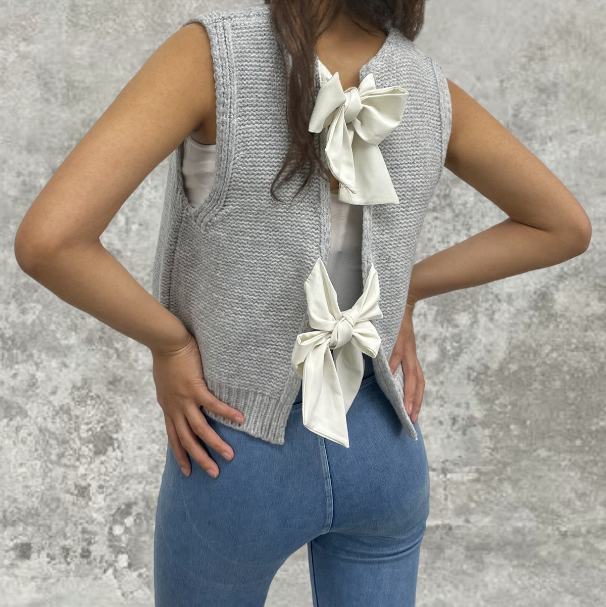 Satin Bow Open Back Sweater Vest - grey - 1