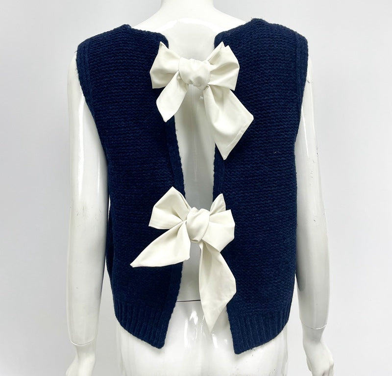 Satin Bow Open Back Sweater Vest - navy - 1