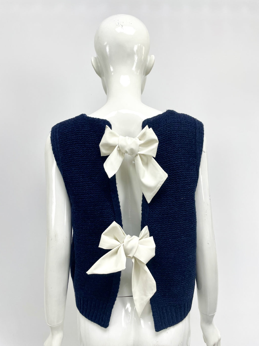 Satin Bow Open Back Sweater Vest - navy - 4