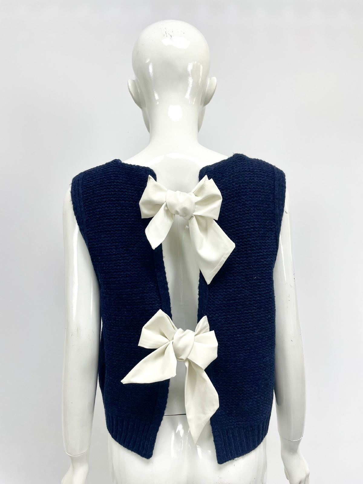 Satin Bow Open Back Sweater Vest - navy - 4