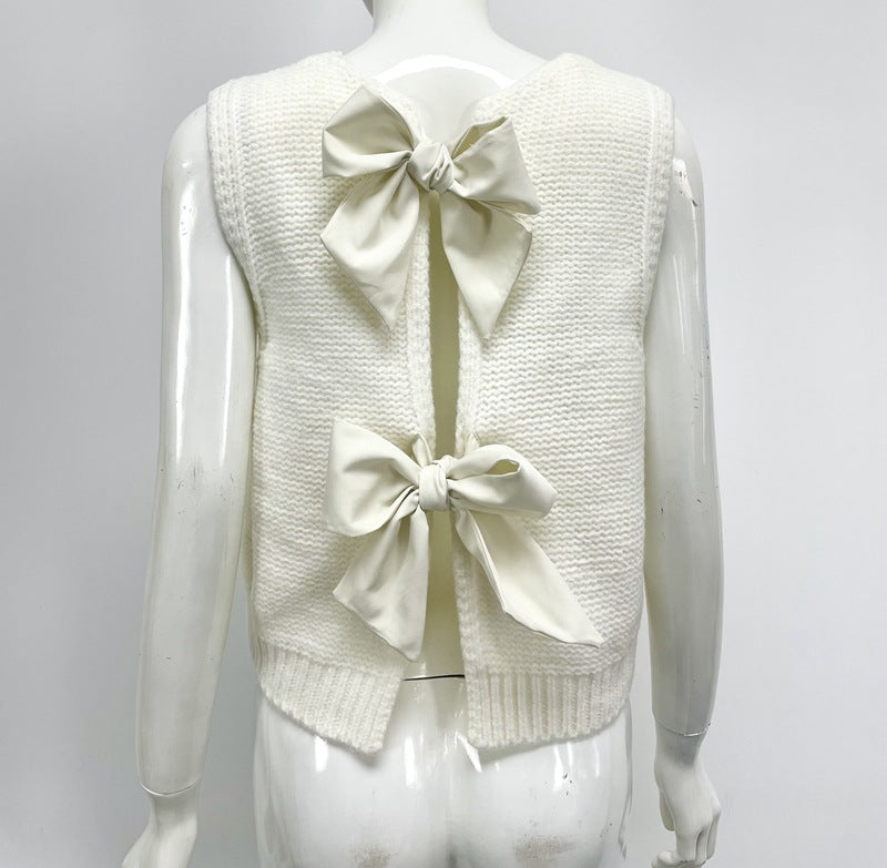 Satin Bow Open Back Sweater Vest - white