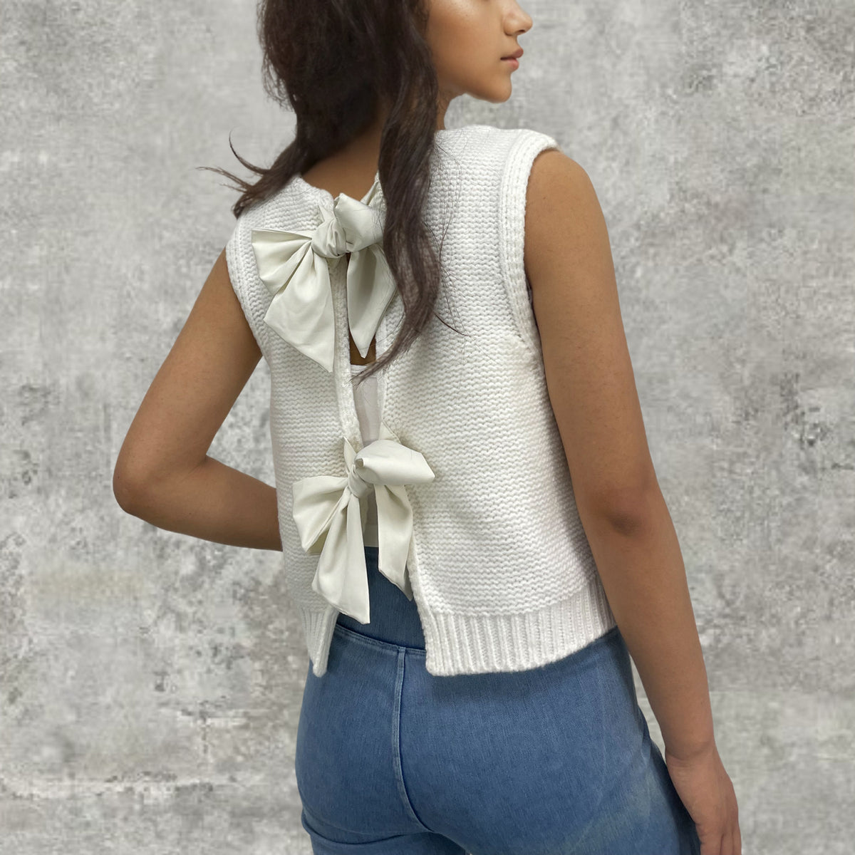 Satin Bow Open Back Sweater Vest - white - 2