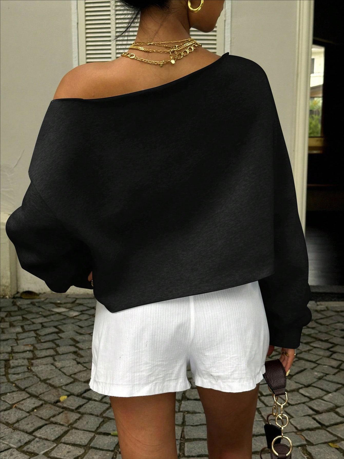 Off Shoulder Cropped Sweatshirt In Textured Knit - Black - 1